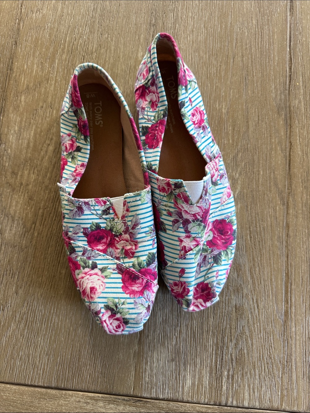 Toms Floral Canvas Slip-Ons in Pink and Blue Stripes
